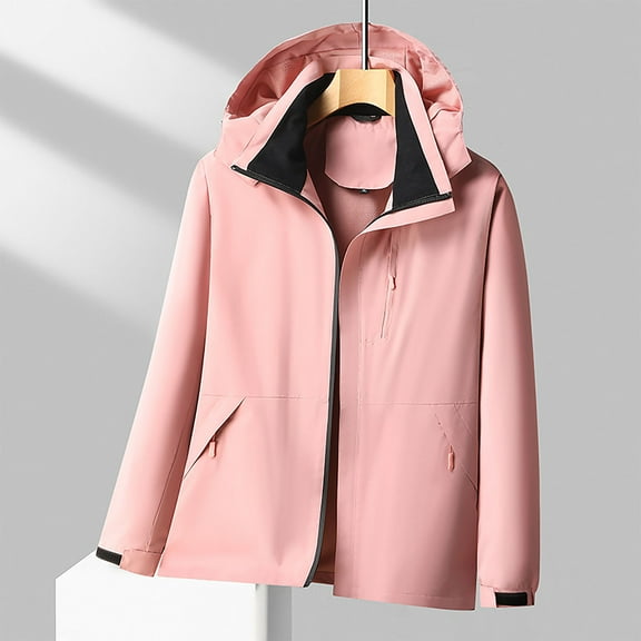 BRGZLK Men's Waterproof Jacket Fall Fashion Solid Color Plus Size Lightweight Long Sleeve Zipper Windbreaker Casual Outwear Hooded Raincoat with Pockets Pink XXXXL