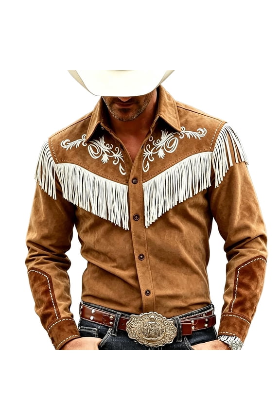 Men's Western Cowboy Shirt Vintage Long Sleeve Button Down Fringe Shirt Turn-Down Collar Slim Fit Hippie Tops, Men Stylish Clothes Brown A L
