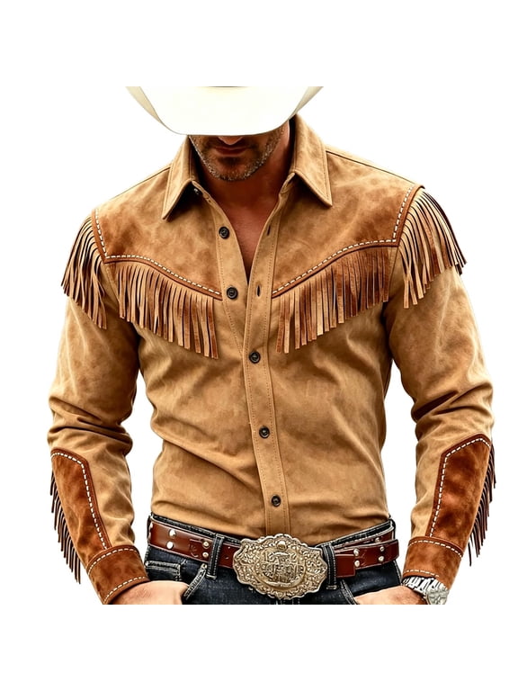 Men's Western Cowboy Shirt Vintage Long Sleeve Button Down Fringe Shirt Turn-Down Collar Slim Fit Hippie Tops, Men Stylish Clothes Brown L
