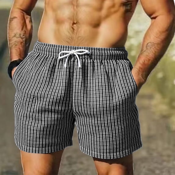 BRGZLK Mens 5-Inch Shorts Casual Summer Trendy Stripes Elastic Waist Drawstring Lightweight Breathable Classic Fit Daily Wear Workout Shorts with Pockerts Black S