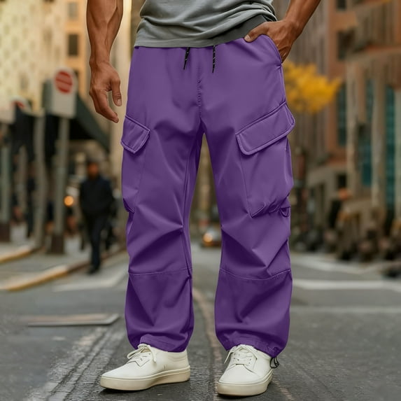 BRGZLK Mens Baggy Cargo Pants Solid Color Work Long Pants Outdoor Windproof Waterproof Mountaineering Pants Streetwear Trousers Purple XXL