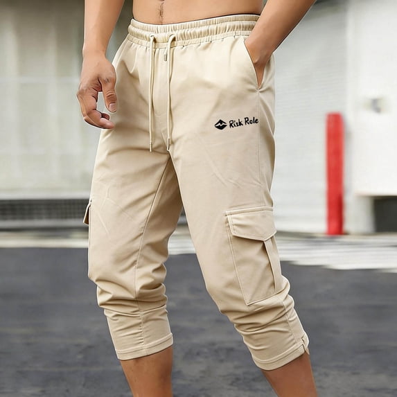 BRGZLK Mens Cargo Shorts Elastic Waist Drawstring Capri Pants Summer Workout Hiking Running Pant with Multi Pockets