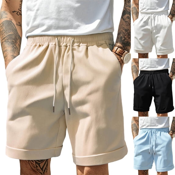 BRGZLK Mens Casual Straight Leg Shorts with Drawstring Elastic Waist Summer Solid Color Beach Shorts with Pockets