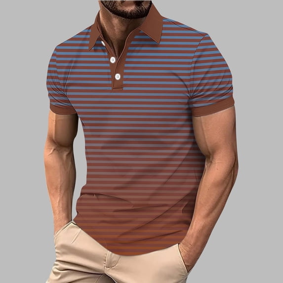 BRGZLK Mens Golf Shirts Summer Casual Fashion Ombre Print Short Sleeve Button-Down Tops Stylish Breathable Comfy Slim Fit Shirt Brown L