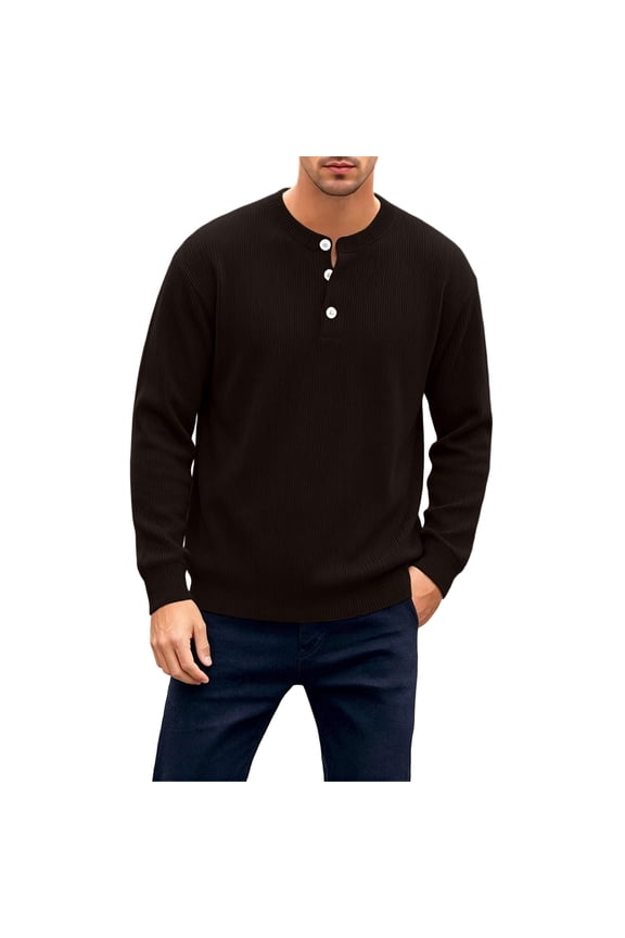 Mens Henley Sweater Fall Winter Solid Color Long Sleeve Button Down Corduroy Knitted Tshirts Casual Comfortable Knit Pullover Sweaters Brown XXL