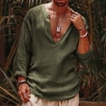 thumbnail image 1 of BRGZLK Mens Linen Henley Shirts Summer Hawaiian Solid Color Deep V-Neck Long Sleeve Tops Lightweight Comfort Casual Loose T-Shirt Top Army Green S, 1 of 6