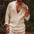 thumbnail image 1 of BRGZLK Mens Linen Henley Shirts Summer Hawaiian Solid Color Deep V-Neck Long Sleeve Tops Lightweight Comfort Casual Loose T-Shirt Top Beige L, 1 of 6