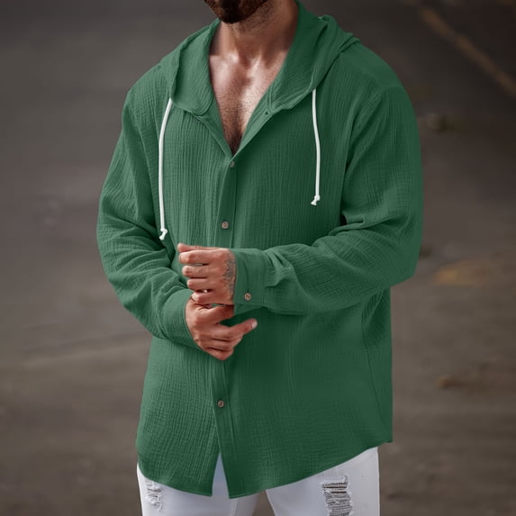 BRGZLK Mens Long Sleeve Shirts 2026 Fall Stylish Solid Color Drawstring Hooded Sweatshirt Lightweight Comfortable Casual Button-Down Shirts for Daily Army Green L