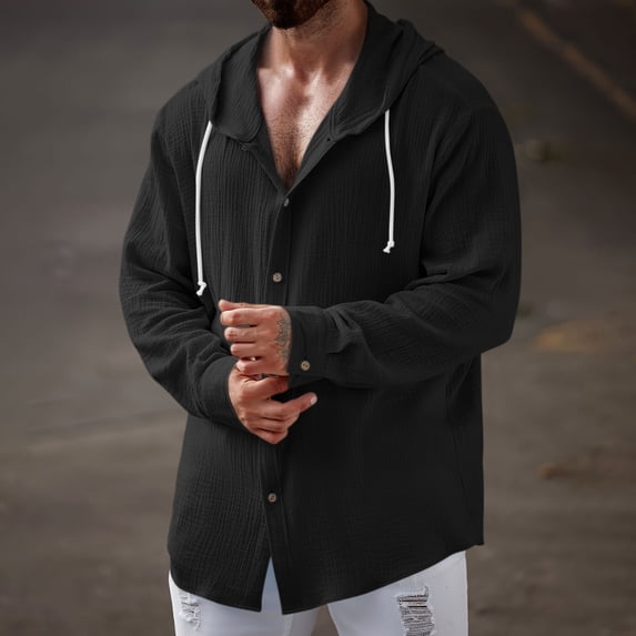 BRGZLK Mens Long Sleeve Shirts 2026 Fall Stylish Solid Color Drawstring Hooded Sweatshirt Lightweight Comfortable Casual Button-Down Shirts for Daily Black L