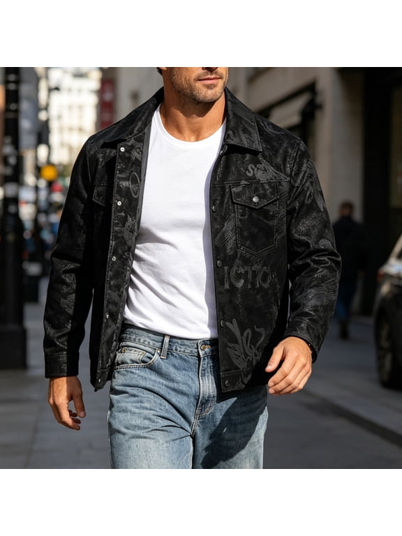 Mens Motorcycle Jackets Funny Graffiti Print Long Sleeve PU Leather Vintage Button Up Tops Stylish Business Work Casual Coats Autumn Winter Coat Black 3XL