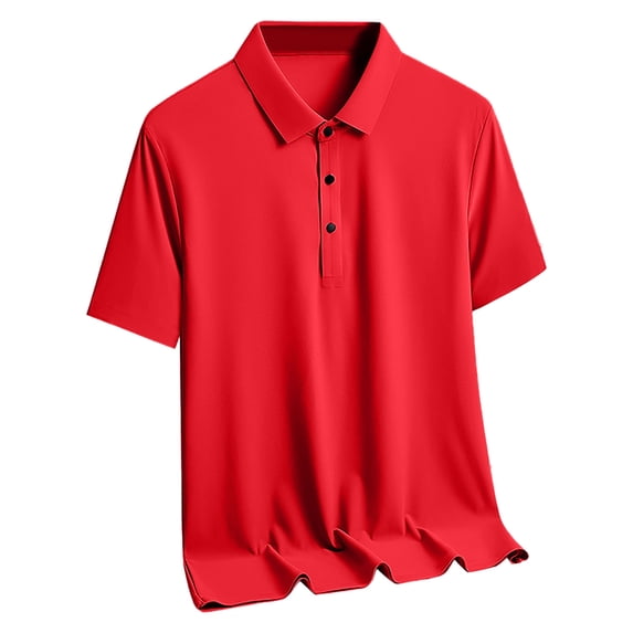 BRGZLK Mens Polo Shirts Summer Casual Trendy Solid Color Ice Silk Dry Fit Performance Soft Comfortable Short Sleeve Turn-Down Collar Shirt Red 5XL