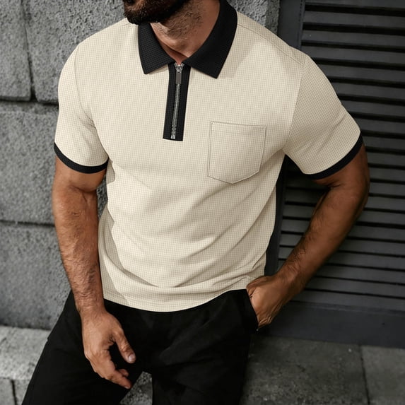 BRGZLK Mens Quarter Zip Blouses Summer 2026 Casual Color Block Waffle Knit Moisture Wicking Tops Short Sleeve Turn-Down Collar Dressy Golf Shirts Khaki M