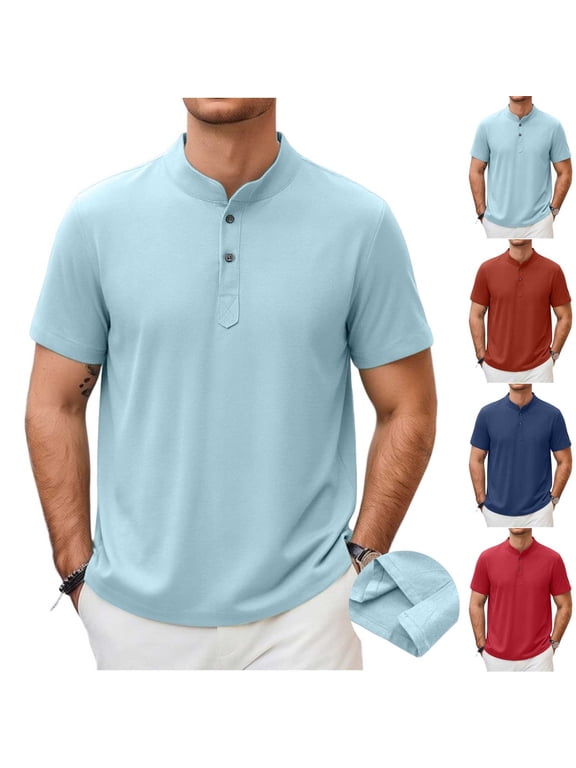 Mens Short Sleeve Henley Shirts Cotton Linen Solid Color Casual Summer Basic T-Shirts Button Solid Collarless Shirts For Work