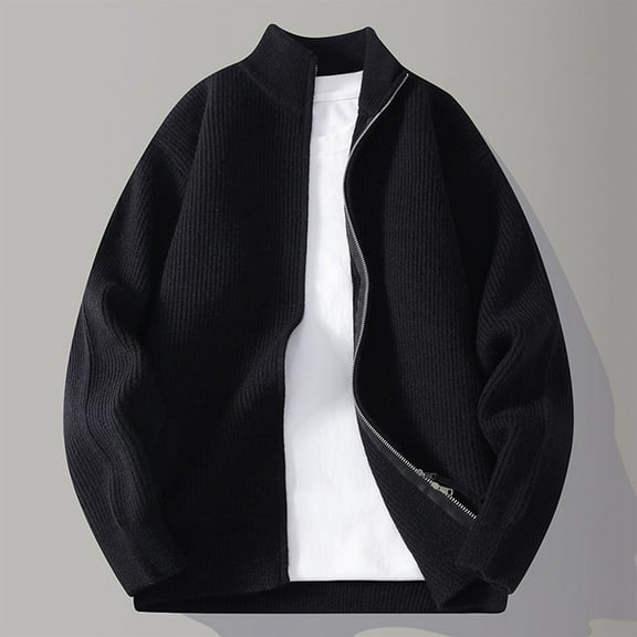 BRGZLK Mens Stand Collar Cardigan Sweaters Casual Fashion Long Sleeve Stripe Stretch Cardigan Warm Layering Knitted Outerwear with Pocket Black M