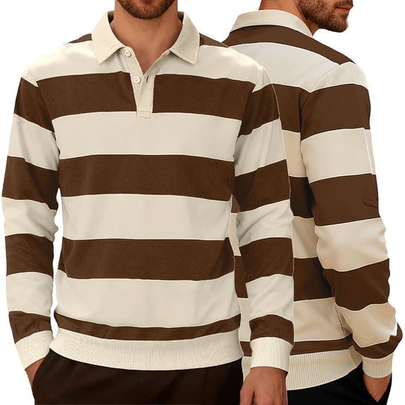 BRGZLK Mens Striped Polo Shirts 2026 Classic Long Sleeve Collared Lightweight Soft Comfy Casual Shirts Fashion Fall Winter Pullover Tops Brown M