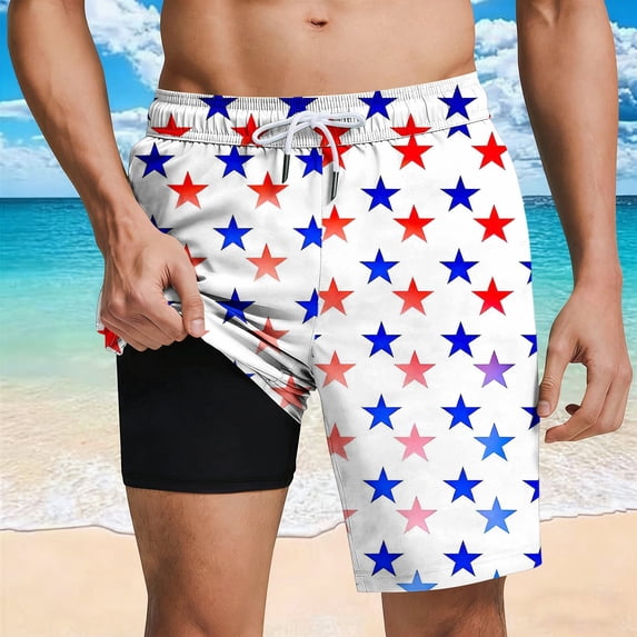 BRGZLK Mens Swim Trunks Breathable Casual Printed Drawstring Swim Shorts with Pockets Flag Bathing Suit For Beach