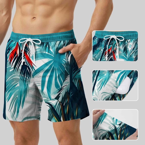 BRGZLK Mens Swim Trunks with Liner Hawaiian Palm Tree Print Quick-Dry Lightweight Breathable Drawstring Waist Summer Beach Shorts for Board Beach Cruise Light Blue B XL