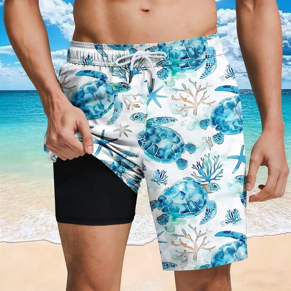 BRGZLK Mens Swim Trunks Quick Dry Beach Shorts Palm Trees Turtle Sunset Beach American Flag Print Casual Drawstring Pocket Shorts