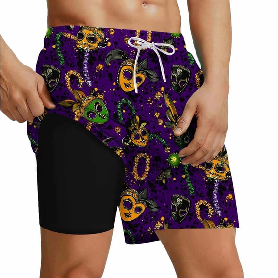 BRGZLK Mens Swim Trunks with Compression Liner Fashion Carnival Print Quick Dry Breathable Soft Comfortable Drawstring Waist Boat Shorts Purple B 3XL