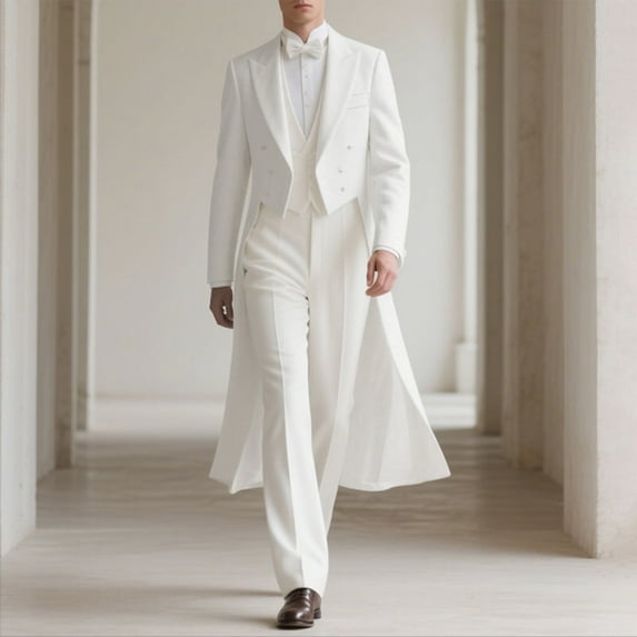 BRGZLK Mens Tailcoat Cardigan Long Tuxedo Jacket Formal Slim Fit Dress Vintage Suit Blazer Wedding Cocktail Party Holiday Dress Buttoned Woolen Coat White S
