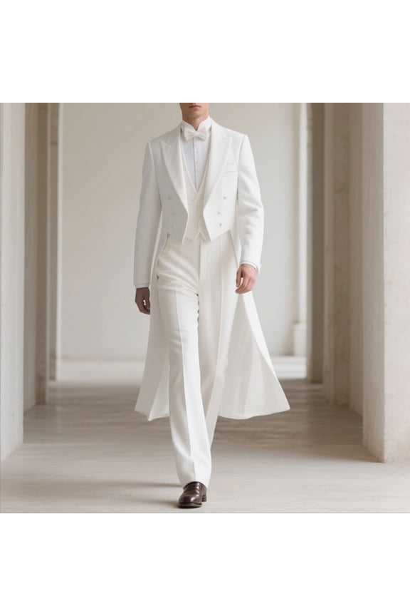 Mens Tailcoat Cardigan Long Tuxedo Jacket Formal Slim Fit Dress Vintage Suit Blazer Wedding Cocktail Party Holiday Dress Buttoned Woolen Coat White XXL