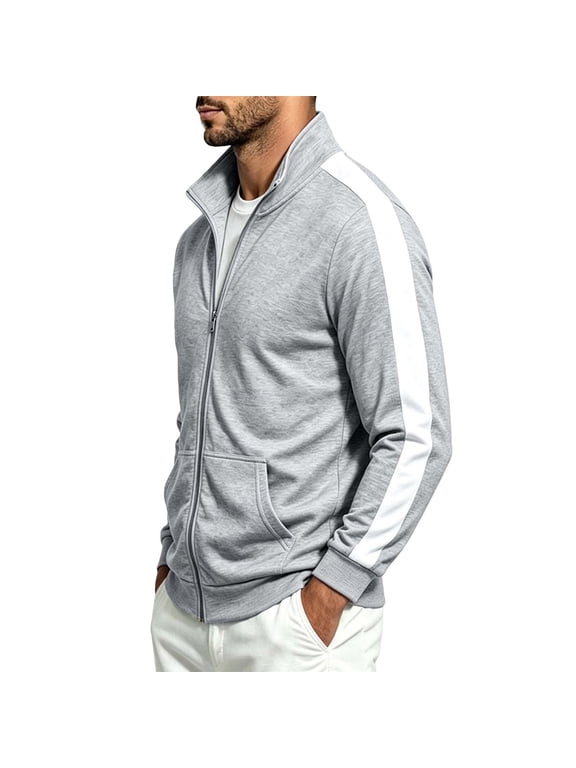 Mens Track Jacket Stand Collar Long Sleeve Color Block Lightweight Comfort Regular Fit Athletic Coats Fall Winter Fashion Coats with Pockets Gray XL