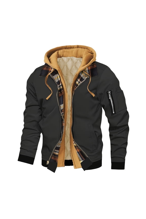 Mens Workwear Style Hooded Jacket Fake Two-piece Spliced Plaid Interior With Multiple Pockets For Warmth And Casual Flight Jacket Black S