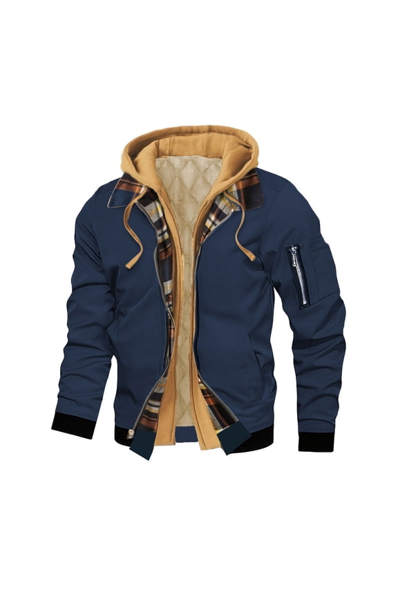 Mens Workwear Style Hooded Jacket Fake Two-piece Spliced Plaid Interior With Multiple Pockets For Warmth And Casual Flight Jacket Navy L
