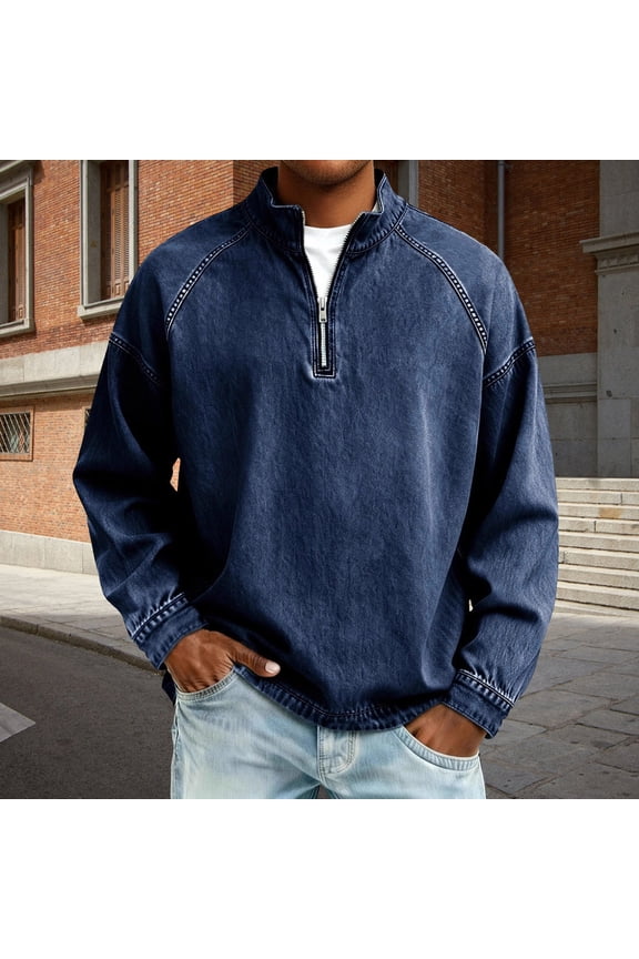 Mens Zip Pullover Tops Fashion Solid Color Long Sleeve Stand Collar Washed Vintage Denim Half Zipper Sweatshirt Top Dark Blue XXL