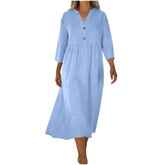 BRGZLK Midi Dresses for Women 3/4 Sleeve Button-Down Split V Neck Solid Color Sundress A Line Flowy Boho Wedding Guest Dress Light Blue S