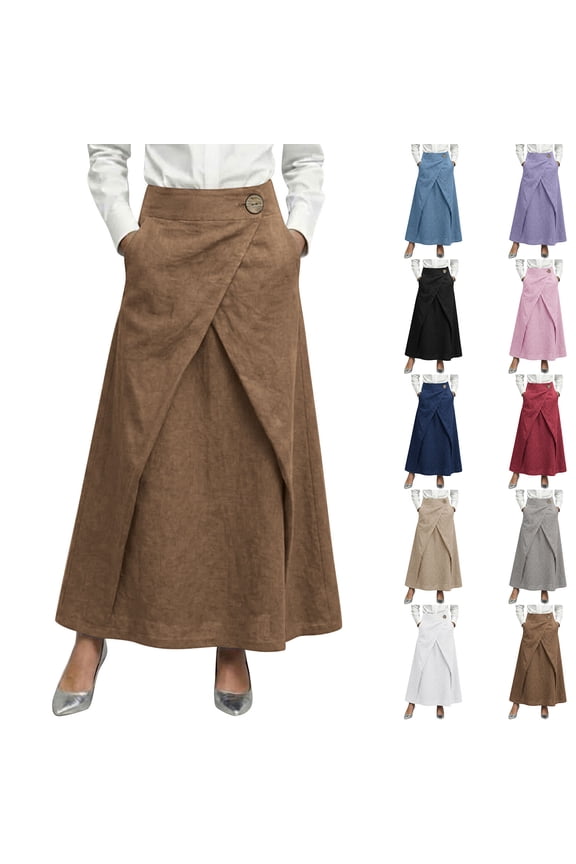 Midi Skirts Linen Skirts For Women Loose Casual Solid Color Summer Casual Cotton A Line Elastic High Waisted with Pockets