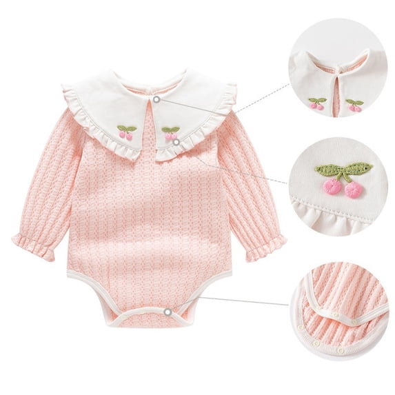 BRGZLK Newborn Baby Girls Bodysuit Autumn Sweet Cute Cherry Embroidery Peter Pan Collar Romper Clothes Infant Long Sleeve Knitting Cotton Jumpsuit 2026 Pink 12-18 Months