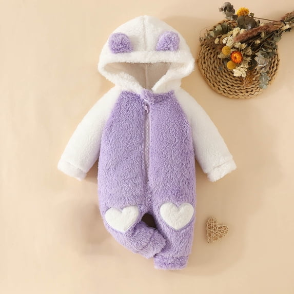 BRGZLK Newborn Baby Onesie Cute Bear Ears Hoodies Romper Jumpsuit Toddler Girls Boys Zipper Soft Cozy Footless Bodysuit Fall Winter Fleece Clothes Purple 9-12 Months