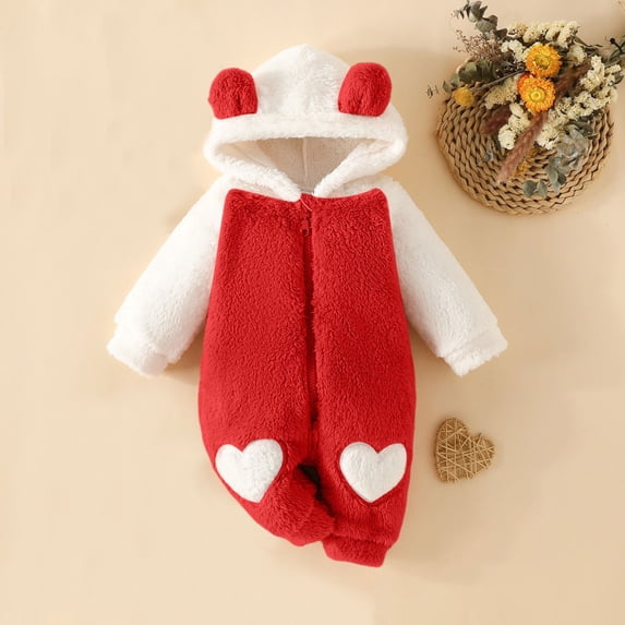 BRGZLK Newborn Baby Onesie Cute Bear Ears Hoodies Romper Jumpsuit Toddler Girls Boys Zipper Soft Cozy Footless Bodysuit Fall Winter Fleece Clothes Red 6-9 Months