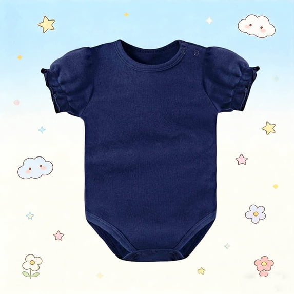 BRGZLK Newborn Infant Girl Romper Solid Color Cute Puff Short Sleeve Round Neck Lightweight Comfortable Cotton Crawling Suit One Piece Jumpsuit Navy 18-24 Months