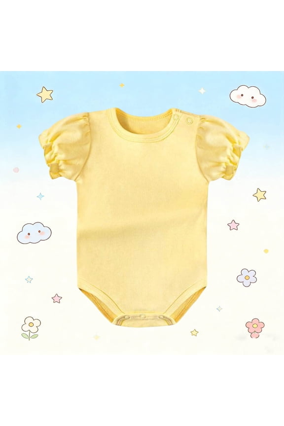 Newborn Infant Girl Romper Solid Color Cute Puff Short Sleeve Round Neck Lightweight Comfortable Cotton Crawling Suit One Piece Jumpsuit Yellow 6-9 Months