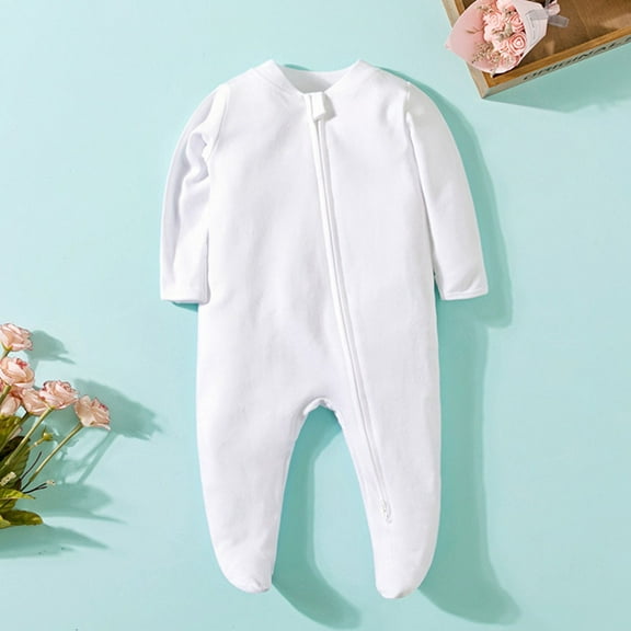 BRGZLK Newborn Summer New Outfits Baby Trendy Solid Color Crawling Suit Boys Girls Zipper Front Footed Long Sleeve Bodysuit White 0-3 Months