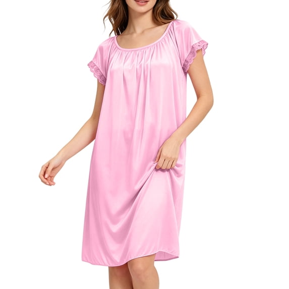 BRGZLK Nightgowns for Women Trendy Solid Color Lace Trim Short Sleeve Flowy Sleep Dresses Soft Comfort Baggy Casual Sleepwear Nighty Negligee Pink Free Size