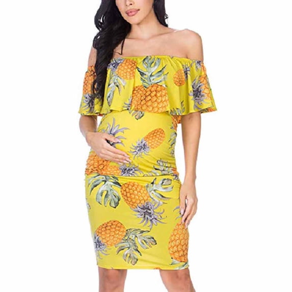 BRGZLK Off The Shoulder Maternity Dress Women’S Ruffle Ruched Bodycon Summer Elegant Knee Length Baby Shower Pregnancy Dress For Formal Occasions
