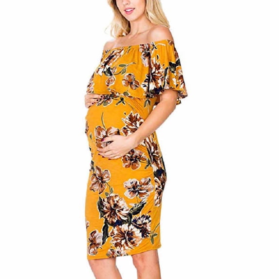 BRGZLK Off The Shoulder Maternity Dress Women’S Ruffle Ruched Bodycon Summer Elegant Knee Length Baby Shower Pregnancy Dress For Formal Occasions