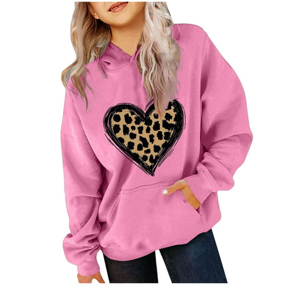 BRGZLK Oversized Hooded Sweatshirt for Kids Trendy Cute Leopard Heart Graphic Pullover Loose Casual Long Sleeved Hoodies for Outdoor Activities Pink 7-8 Years