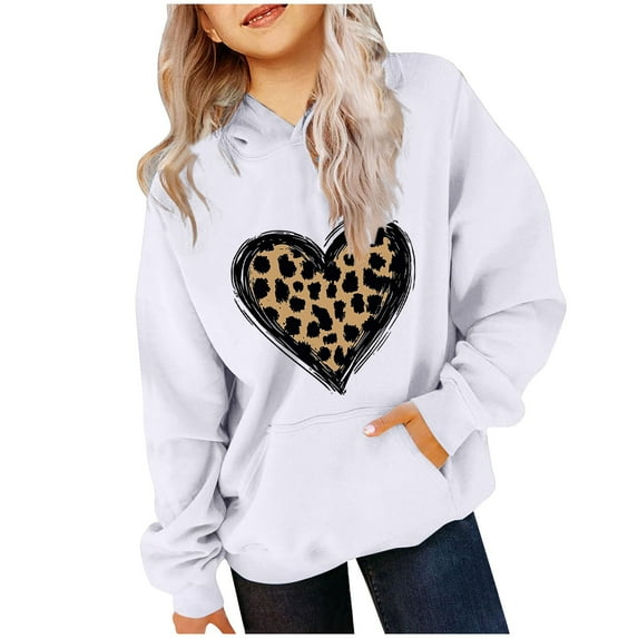BRGZLK Oversized Hooded Sweatshirt for Kids Trendy Cute Leopard Heart Graphic Pullover Loose Casual Long Sleeved Hoodies for Outdoor Activities White 11-12 Years