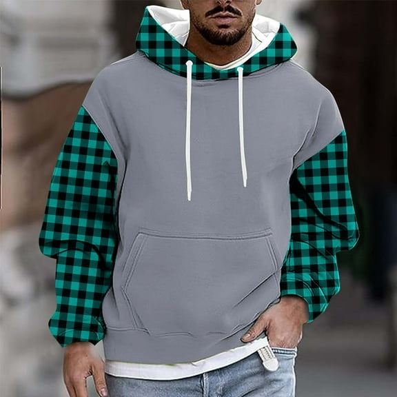 BRGZLK Oversized Hoodies for Men Fall Winter Fleece Trendy Checkered Print Long Sleeve Drawstring Pullover Hooded Sweatshirt with Pocket Navy XXL