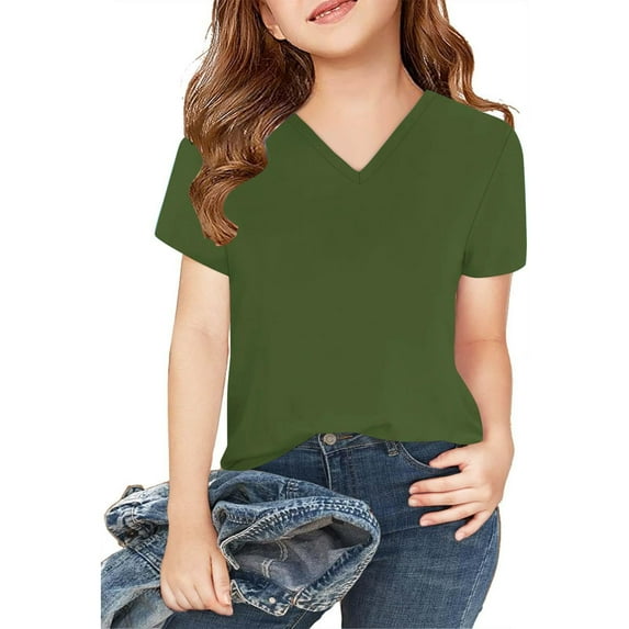 BRGZLK Oversized Tshirts for Girls Unisex Casual Solid Color V Neck Short Sleeve Loose Fit Top T Shirt 2026 Summer Cozy Workout Basic Tops Army Green 11-12 Years