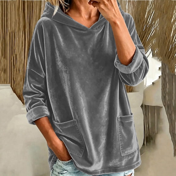BRGZLK Oversized Velvet Hoodies for Women Trendy Y2K Long Sleeve Loose Fit Soft Warm Pullover Tops with Pockets Solid Color Fall Winter Clothes Gray XL