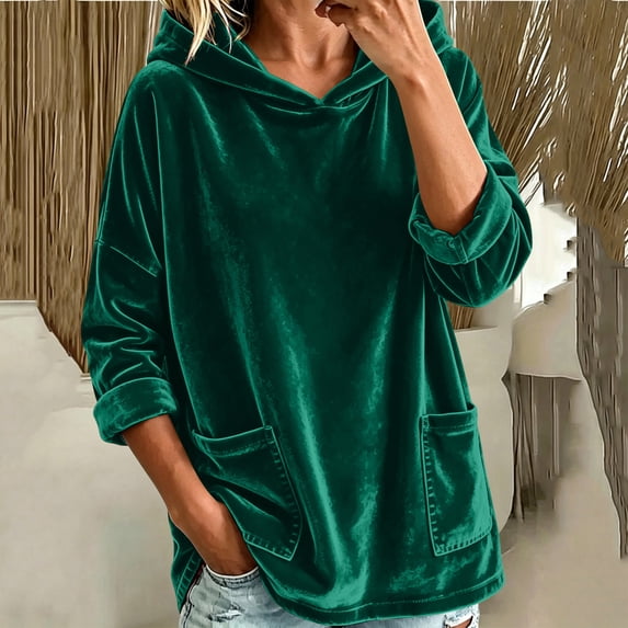 BRGZLK Oversized Velvet Hoodies for Women Trendy Y2K Long Sleeve Loose Fit Soft Warm Pullover Tops with Pockets Solid Color Fall Winter Clothes Green 2XL