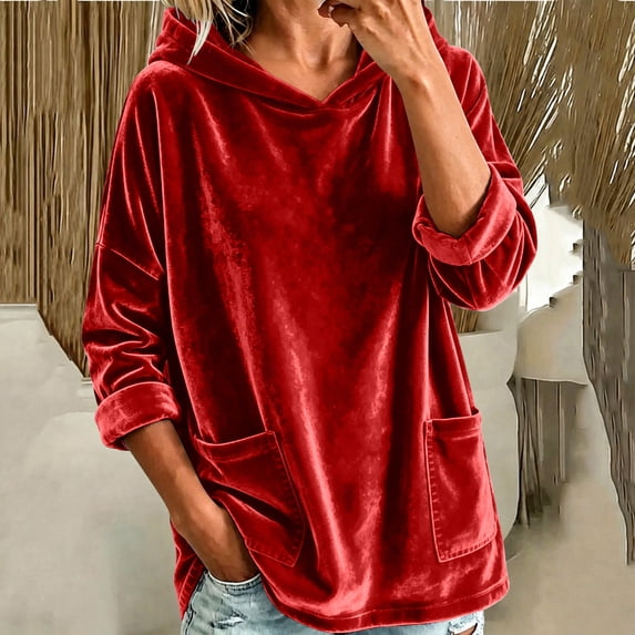 BRGZLK Oversized Velvet Hoodies for Women Trendy Y2K Long Sleeve Loose Fit Soft Warm Pullover Tops with Pockets Solid Color Fall Winter Clothes Red L