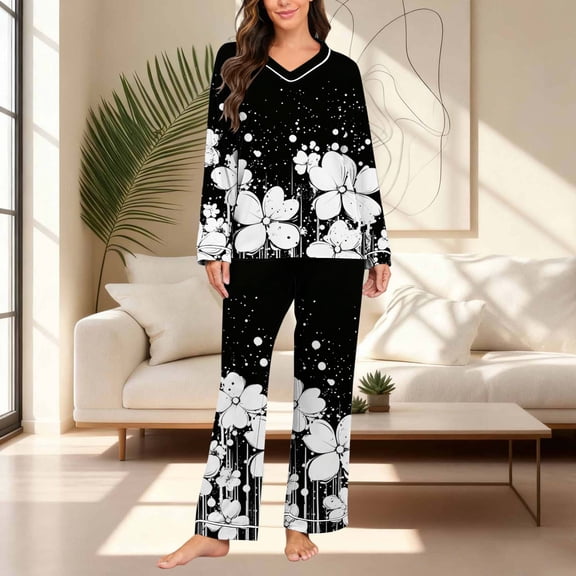 BRGZLK Pajamas for Women Loose Cozy V Neck Print Long Sleeve Long Pants Pajamas Set Trendy Casual Cozy Loungewear Black A XL