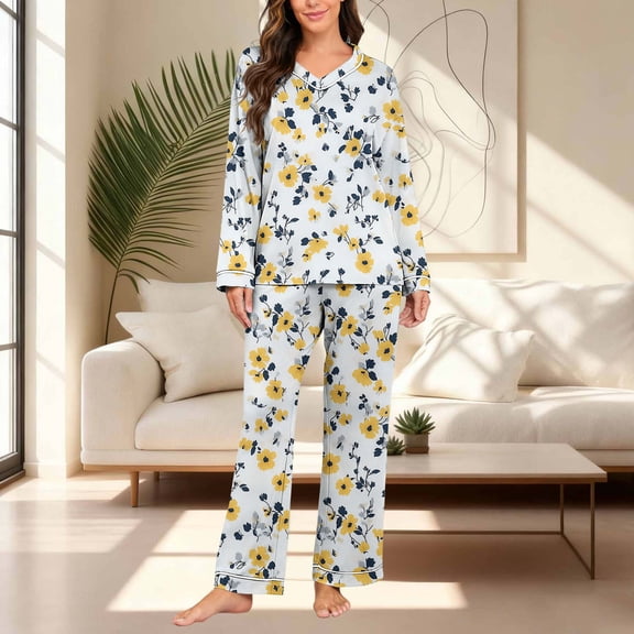 BRGZLK Pajamas for Women Loose Cozy V Neck Print Long Sleeve Long Pants Pajamas Set Trendy Casual Cozy Loungewear White M