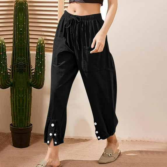 BRGZLK Pants For Women Summer 2025,Trendy Solid Color Elastic Waist Drawstring Pockets Button Slit Length Trousers Black XXL